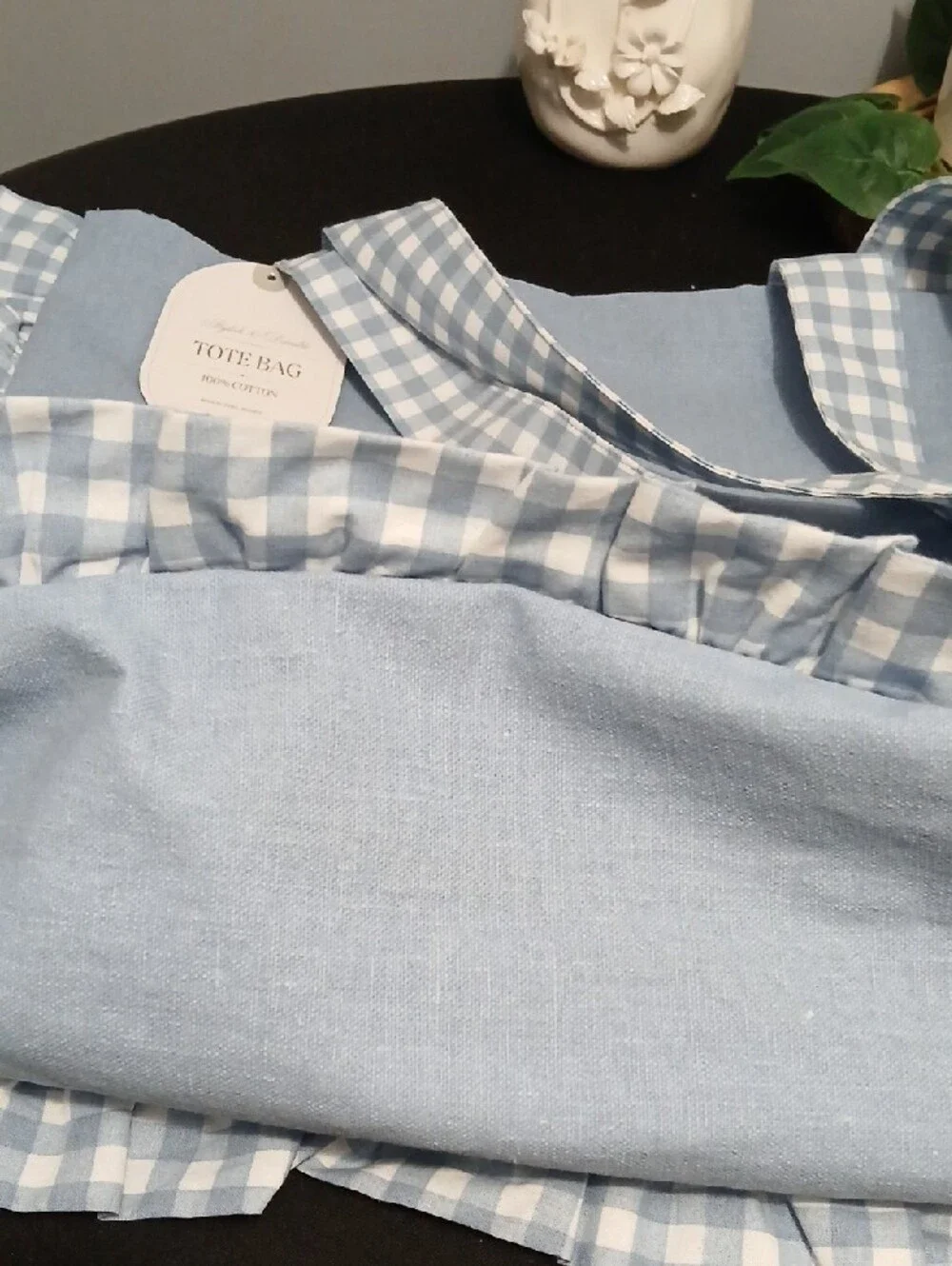 Light Blue Cotton Tote Bag with Gingham Trim - Book Shop Design NWT